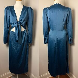 NWT WAYF Poppy Tie Front Long Sleeve Cut Out Midi Satin Dress DARK TEAL / MEDIUM